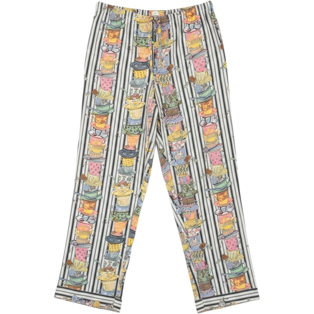 Nick & Nora Pajama Pants Large Tea For Two Teacups Stripe Cotton Loungewear